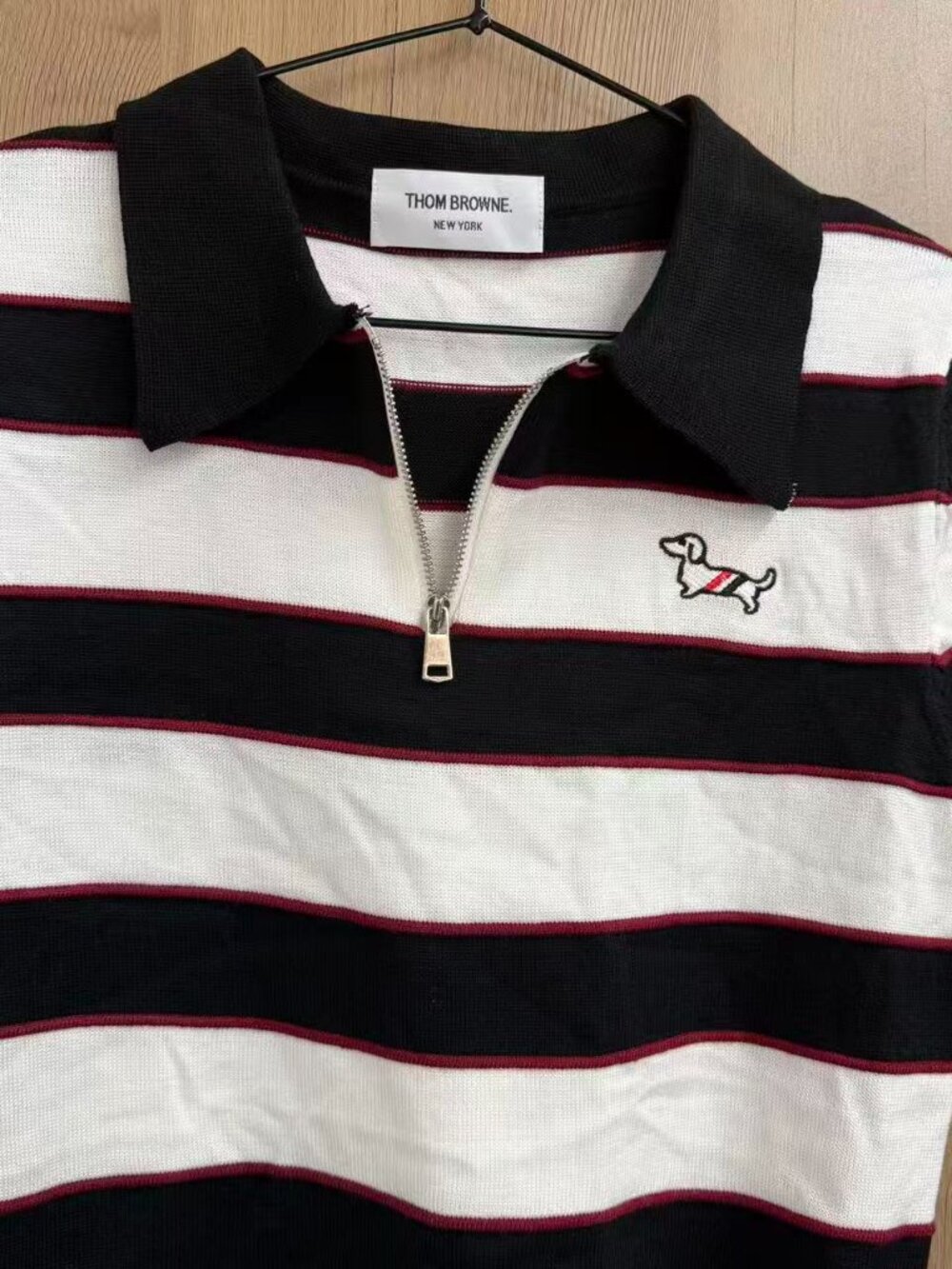 ⚫Thom Browne Black White Red Stripe Half Zip Polo Dachshund Knit Top - Picture 7 of 7